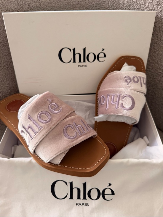 Chloe Shoes - Chloé Pale Pink Satin Logo Slide Sandals with Tan Footbed